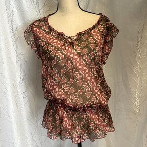Sheer boho-style coral and brown peasant blouse